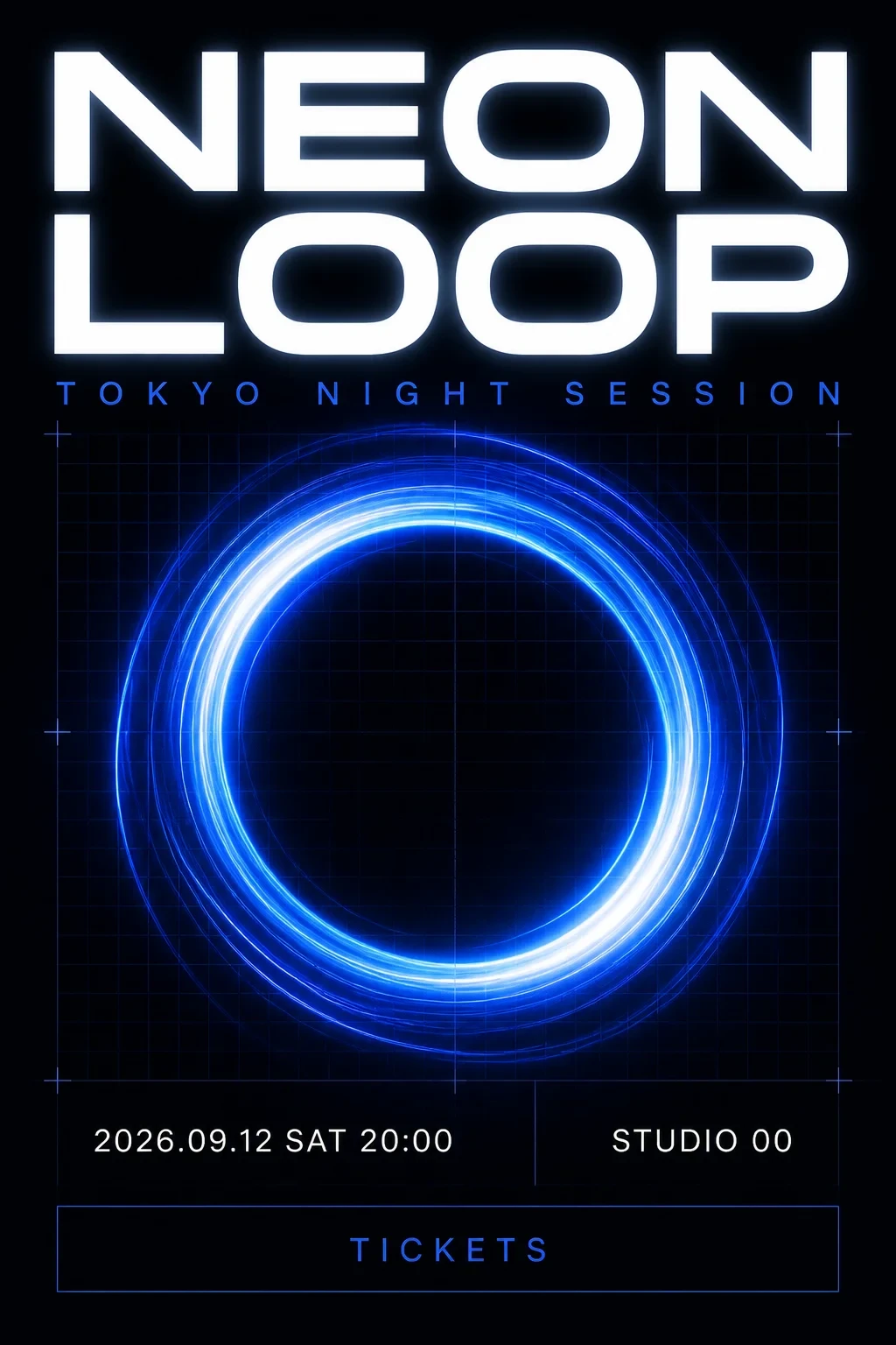 Banasで実生成した架空DJイベントNEON LOOPの青い縦型フライヤー