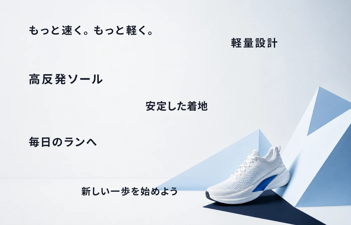 情報が多く主役が小さい架空ランニングシューズ広告
