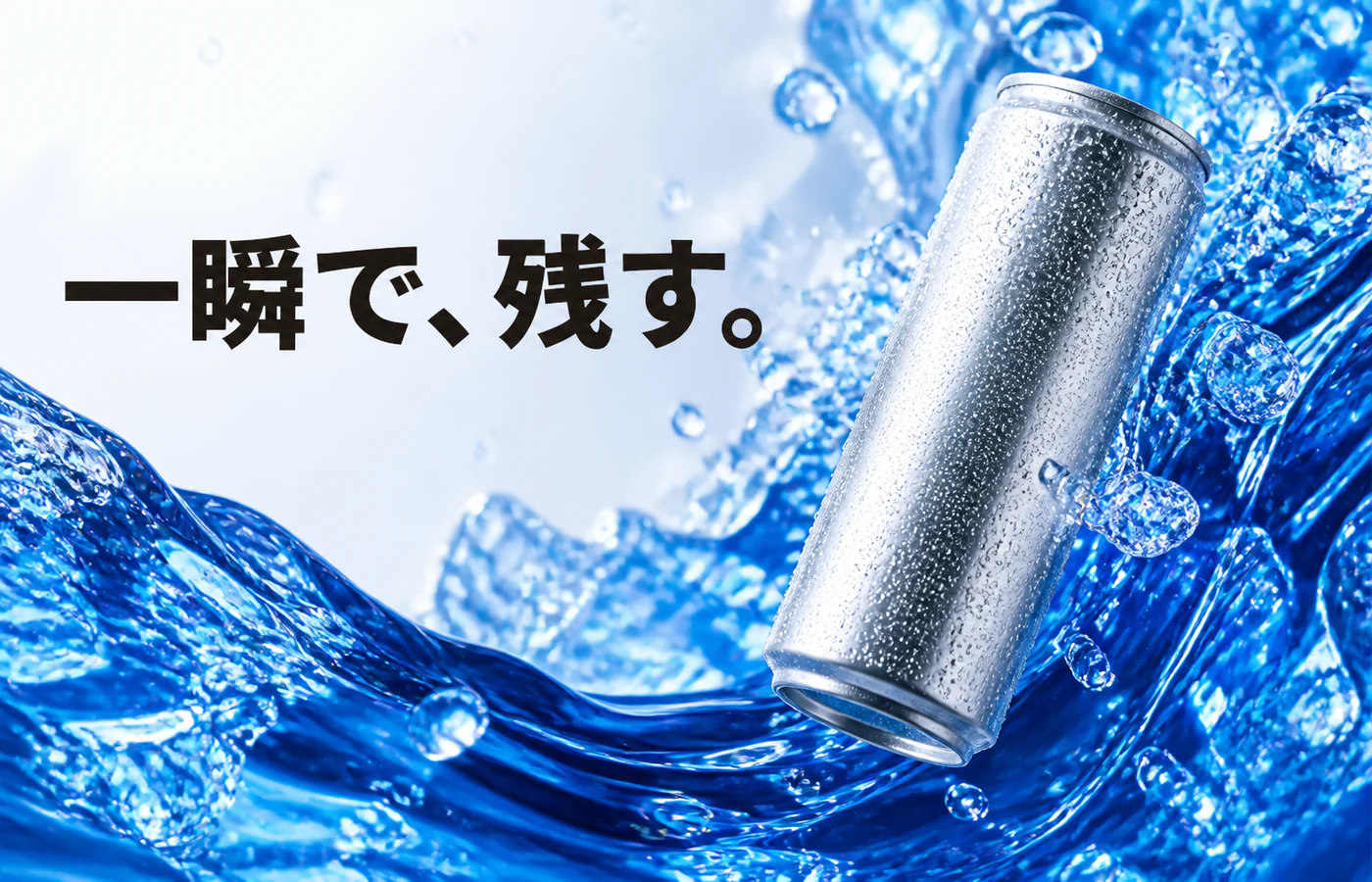 銀色の架空飲料缶と日本語見出しを組み合わせたSNS広告の採用候補作例