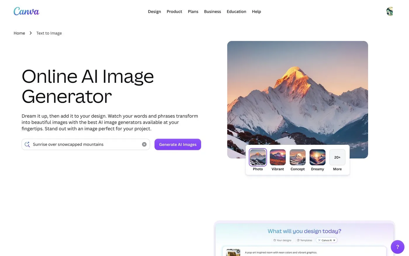 Canva公式AI Image Generatorページのファーストビュー。プロンプト欄と生成スタイルが表示されている