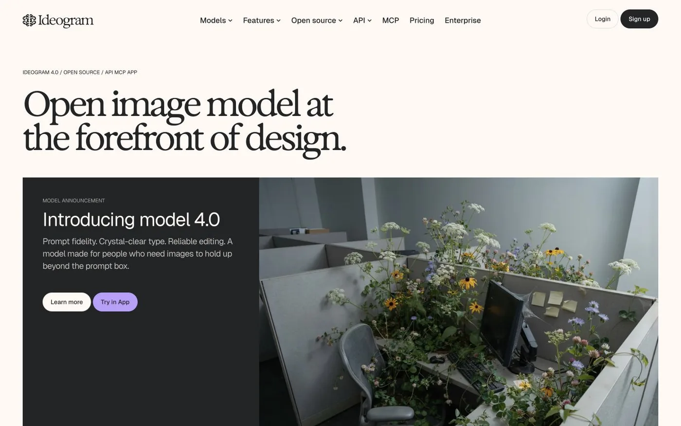 Ideogram公式サイトのファーストビュー。Open image model at the forefront of designという見出しが表示されている