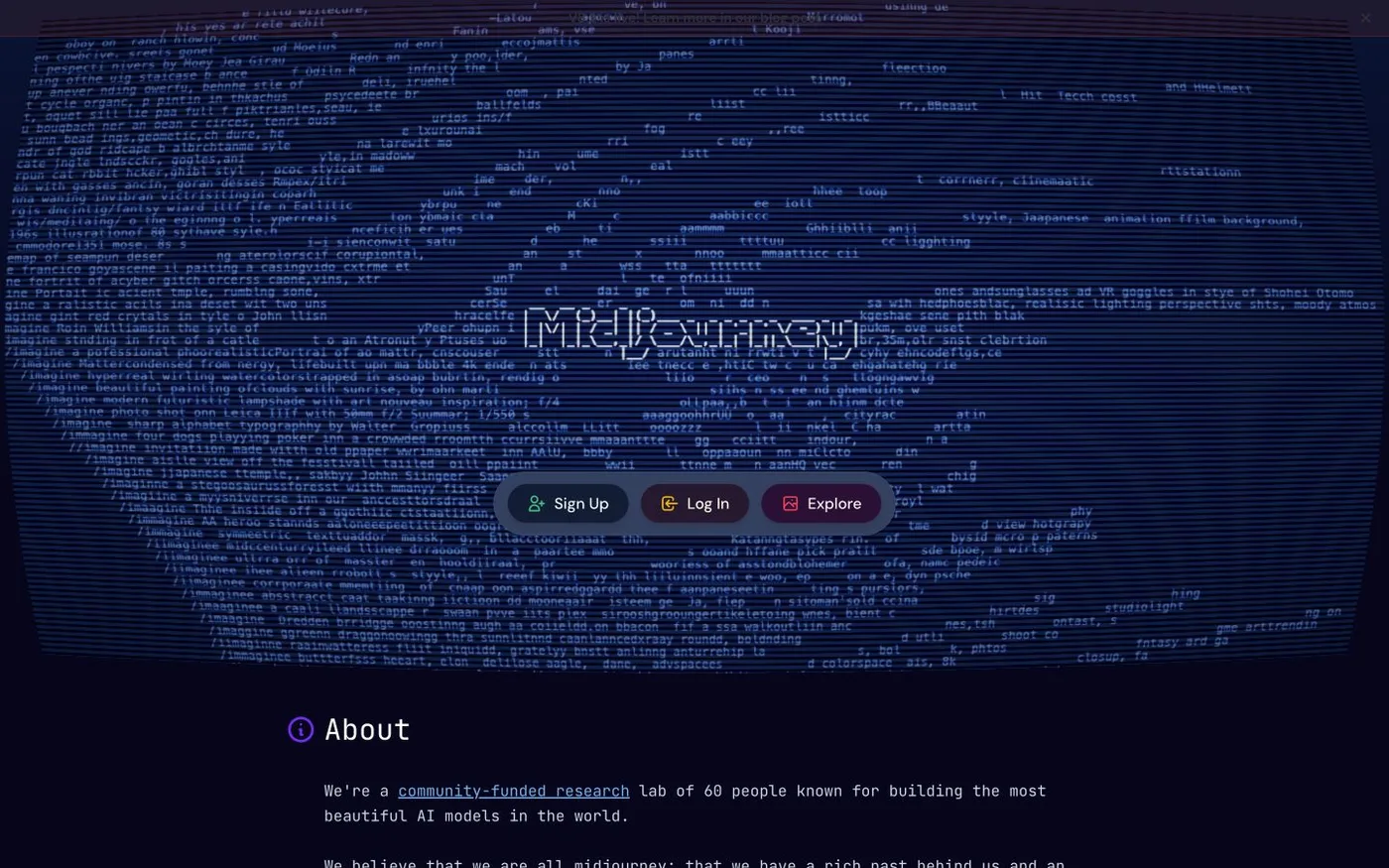 Midjourney公式サイトのファーストビュー。青い生成プロンプトの背景とSign Up、Log In、Exploreが表示されている